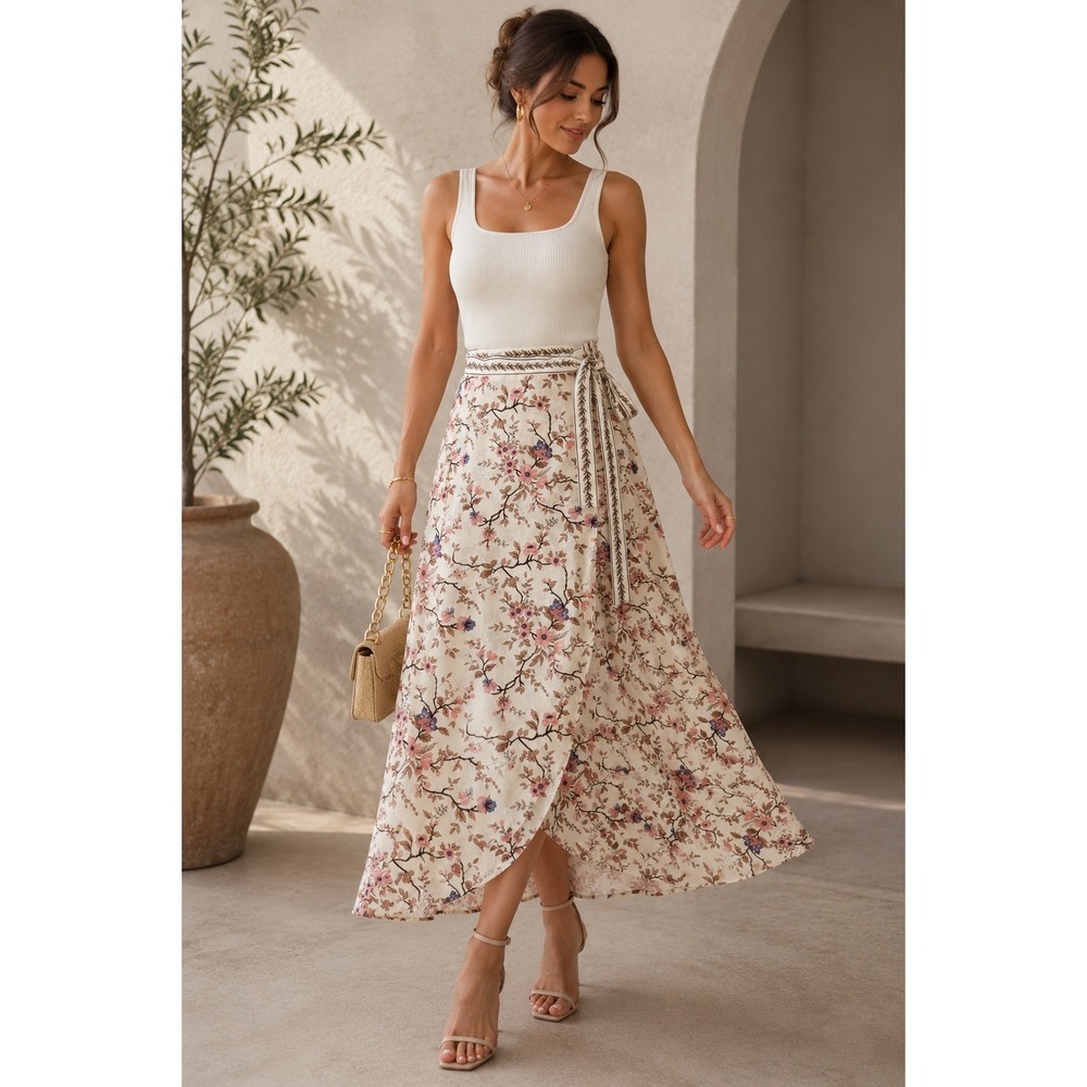 Max Studio Women Midi Skirt Floral Wrap Cream Pink Blue Tulip Hem 8701C18A
